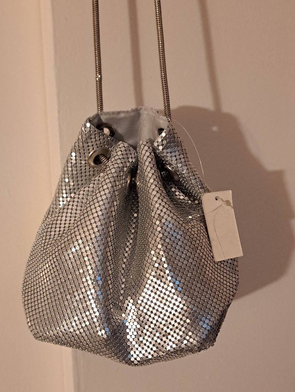 Silver Mesh Drawstring Crossbody Purse